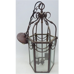  Hanging hall lantern, painted metal frame with six glass panels, H57cm of body of the lantern  