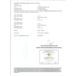 18ct gold and platinum Burmese ruby and diamond ring by Scarab London, single rectangular cushion cut unheated ruby of 1.13 carat, with a single French cut diamond set either side and round brilliant cut diamond surround, in a scrolling foliate design setting, with Alan Poultney Gems report, the ruby with The Gem & Pearl Laboratory report