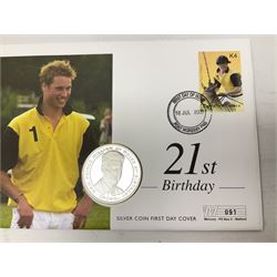 Eight coin covers including, 'Her Majesty Queen Elizabeth II 70th Birthday' containing a 1996 Canadian one ounce silver coin, three coin covers commemorating the 21st Birthday of HRH Prince William each containing a silver coin, '1895 1952 A Tribute to HM King George VI' containing a South Africa 1952 five shilling coin, 'The Notting Hill Carnival' containing a 1998 fifty pence etc (8)
