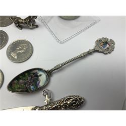 Silver sword shaped bookmark stamped 'SILVER', continental silver teaspoon, two novelty miniature animals, various coins etc