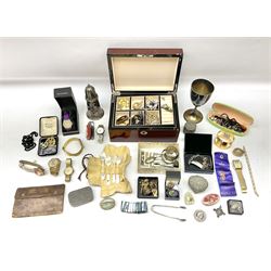 Collection of vintage and later costume jewellery, to include two victorian silver broaches, one inscribed bella, silver Saint Johns ambulance pendent and a silver locket, pair of jasperware cufflinks enamel bracelet decorated with paris monuments, five mother of pearl teaspoons, Mappin & Webb salt shaker etc 