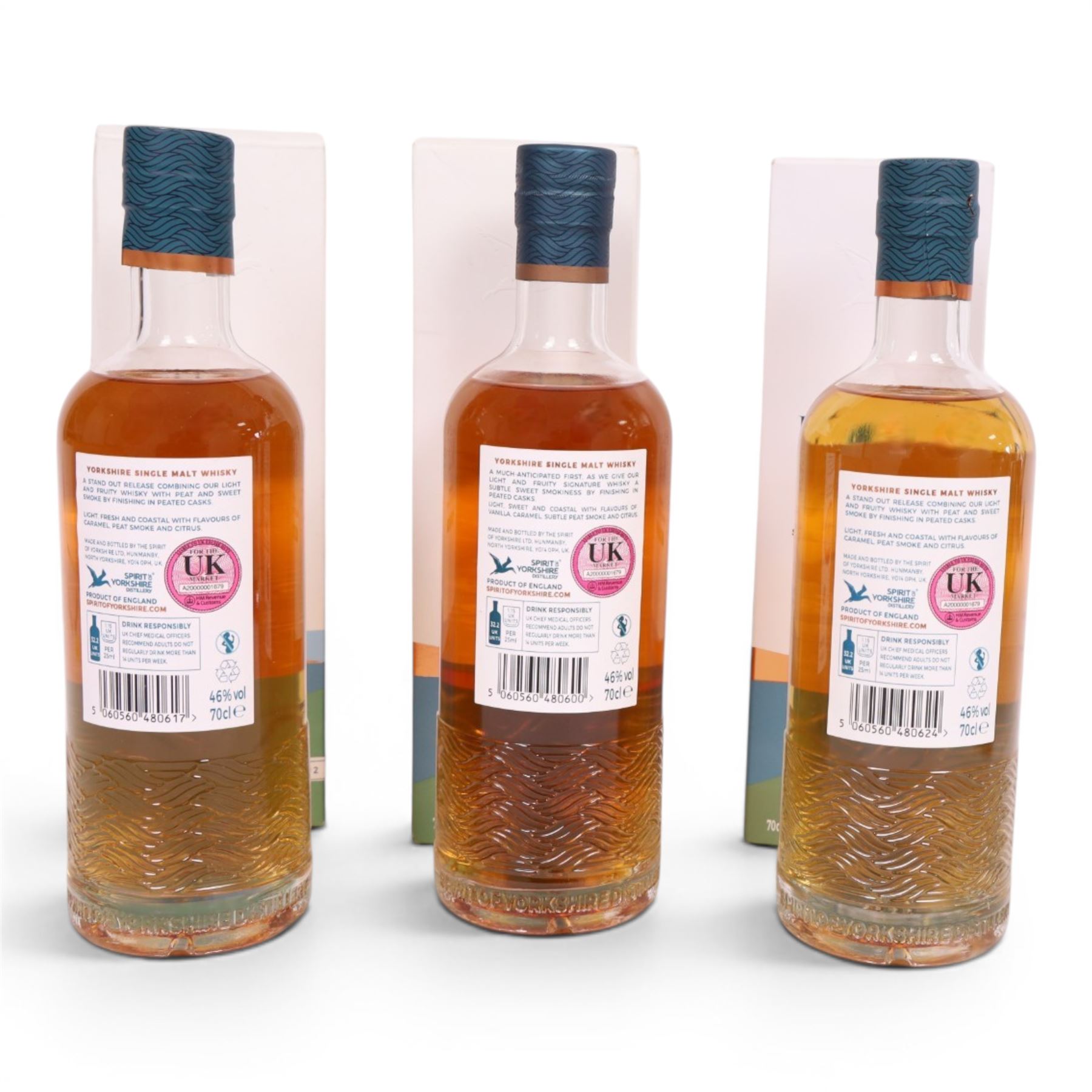 Sprit of Yorkshire Distillery, Filey Bay Peated Finish, single malt whisky, 70cl 46% vol, three bottles batch one, two and three