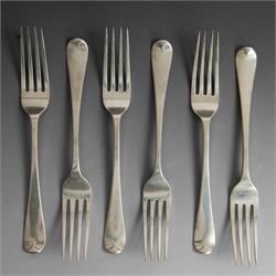 Set of six Victorian silver Hanoverian pattern table forks, engraved with monogram verso, ...