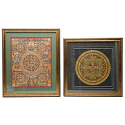 Tibetan School (20th century): Buddhist Pancha Mandala Thangka, pair of gouaches on fabric unsigned max 48.5cm x 39cm (2)