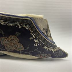 Pair of Chinese silk embroidered lotus shoes, for bound feet, a blue ground with floral detailing L15cm