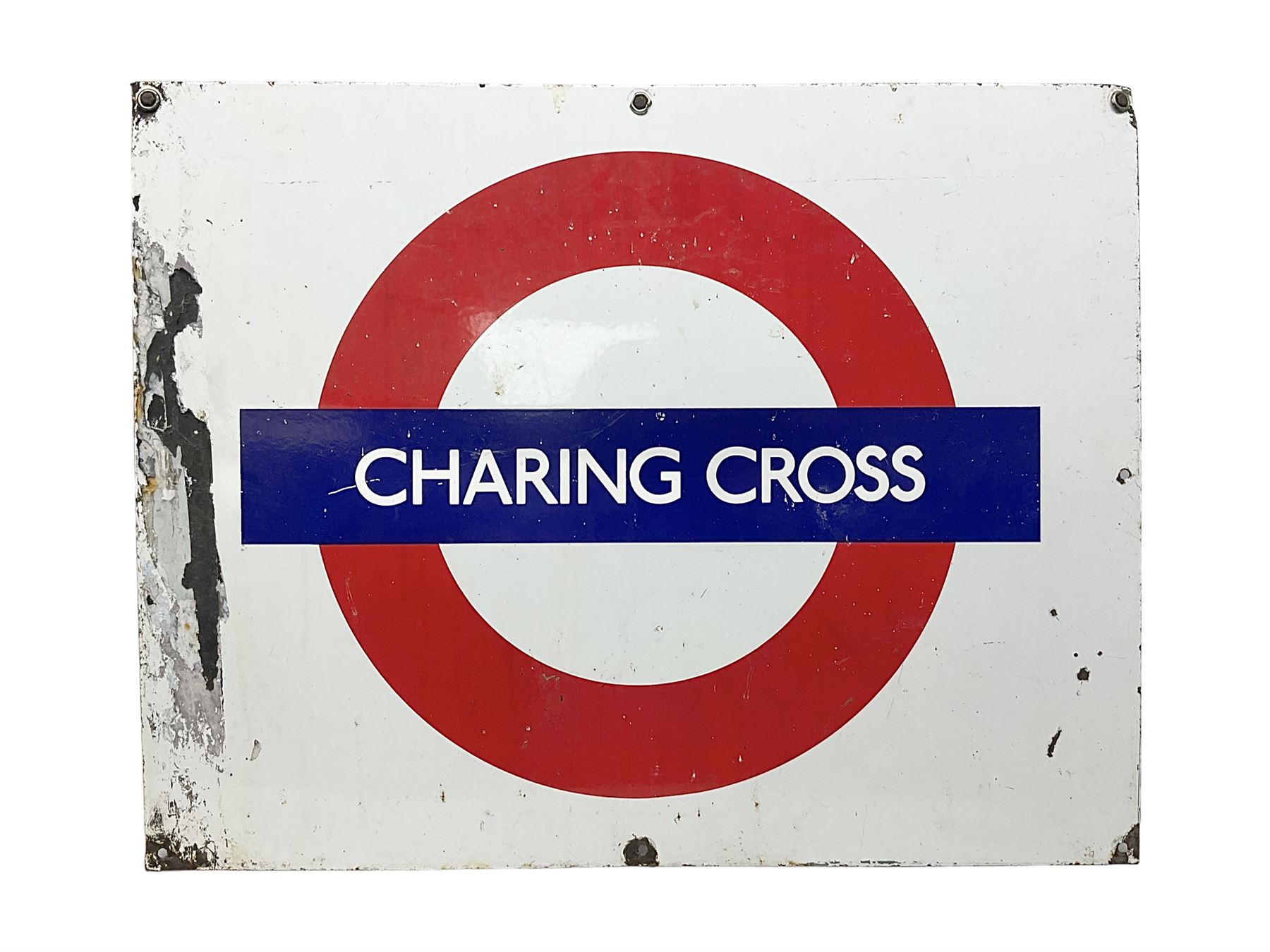 Enamel station sign for Charing Cross in red and blue on a white ground 56 x 71cm with hanging brackets