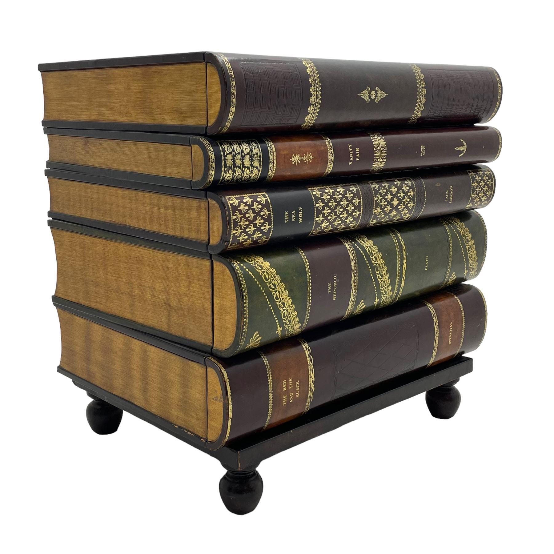 Maitland-Smith - four drawer chest in the form of a stack of leather-bound books, the top drawer with metal label inscribed 'Maitland-Smith', on turned feet