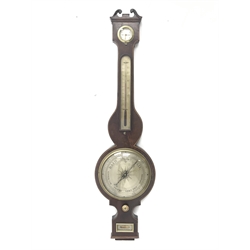 George III figured mahogany banjo barometer by 'P. Borini, Birmingham', swan neck pediment above damp/dry dial and thermometer, silvered circular register, box wood stringing, H97cm