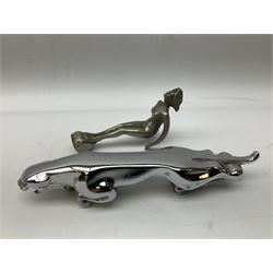 Nickel plated car mascot as a nude lady in a diving pose, similar to an A.E. Lejeune 'Speed Nymph', but marked 'N.L.C. Co. RegEd Des.'; chrome leaping Jaguar car mascot; and quantity of car model name letters, numbers and logos including Mercedes-Benz etc