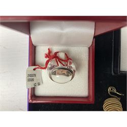 9ct gold cubic zirconia ring, Baccarat glass ring, silver jewellery, large collection of costume jewellery including Burberry brooch, Monet earrings and Esso England World Cup Squad tokens