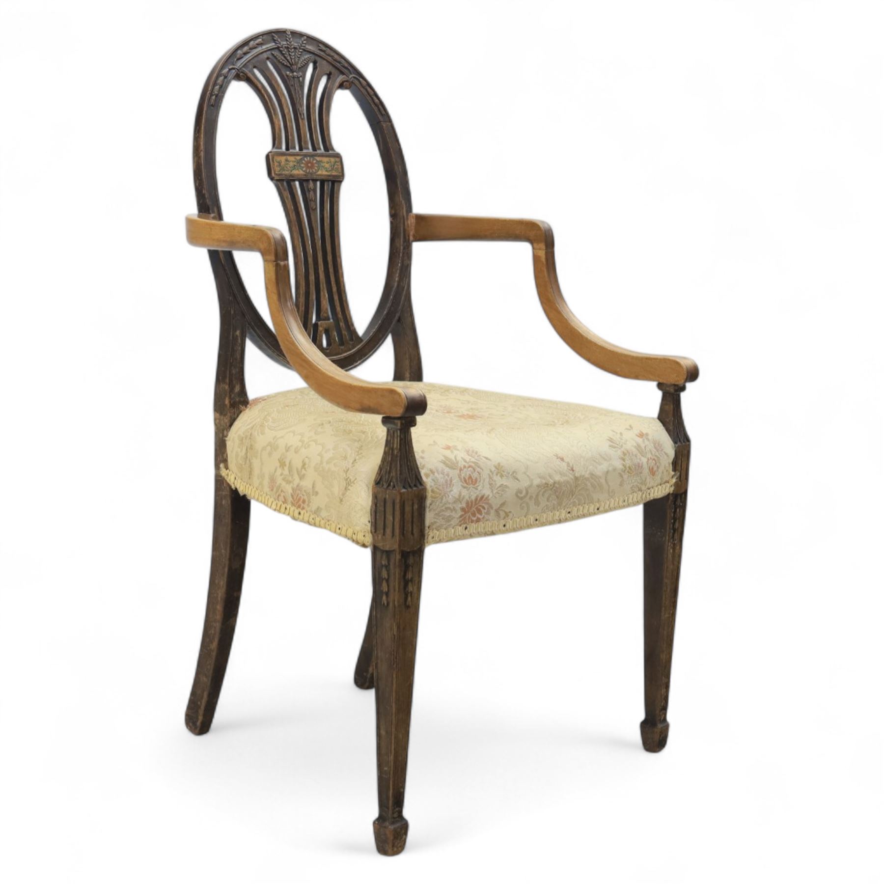 Edwardian painted open armchair, oval back with downswept arms, on carved tapered supports terminating in spade feet