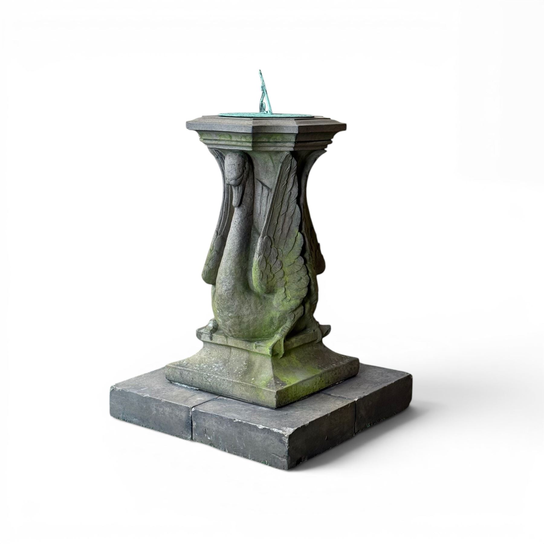 Late 20th century terracotta twin swan sundial, well figured seated back to back with shaped top, raised on four sectional base. Measurements exclude base.
Base: 60cm x 60cm