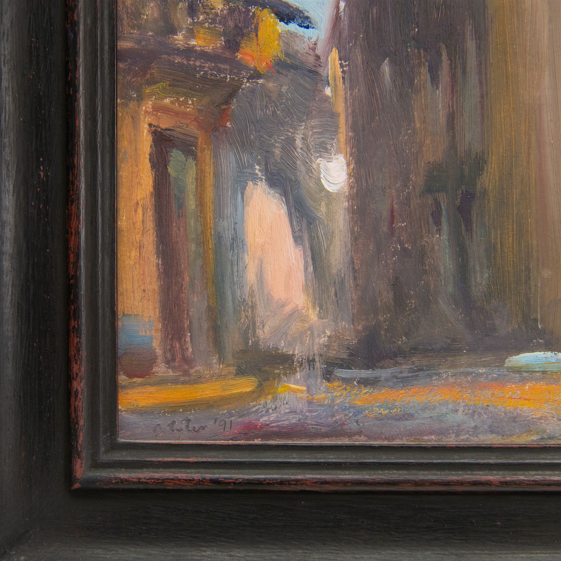 Catherine Tyler (British 1949-): 'Place La Republic - Quillan - Pays de Laude' oil on board signed and dated '91, inscribed on artist's label verso 27cm x 45cm