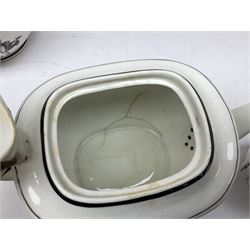 Early 19th century Staffordshire bat printed part tea service, decorated in black after Adam Buck with scenes of mother and child and other varying classical style scenes, within black bands, comprising teapot, slop bowl, jug, seven teacups and five saucers 