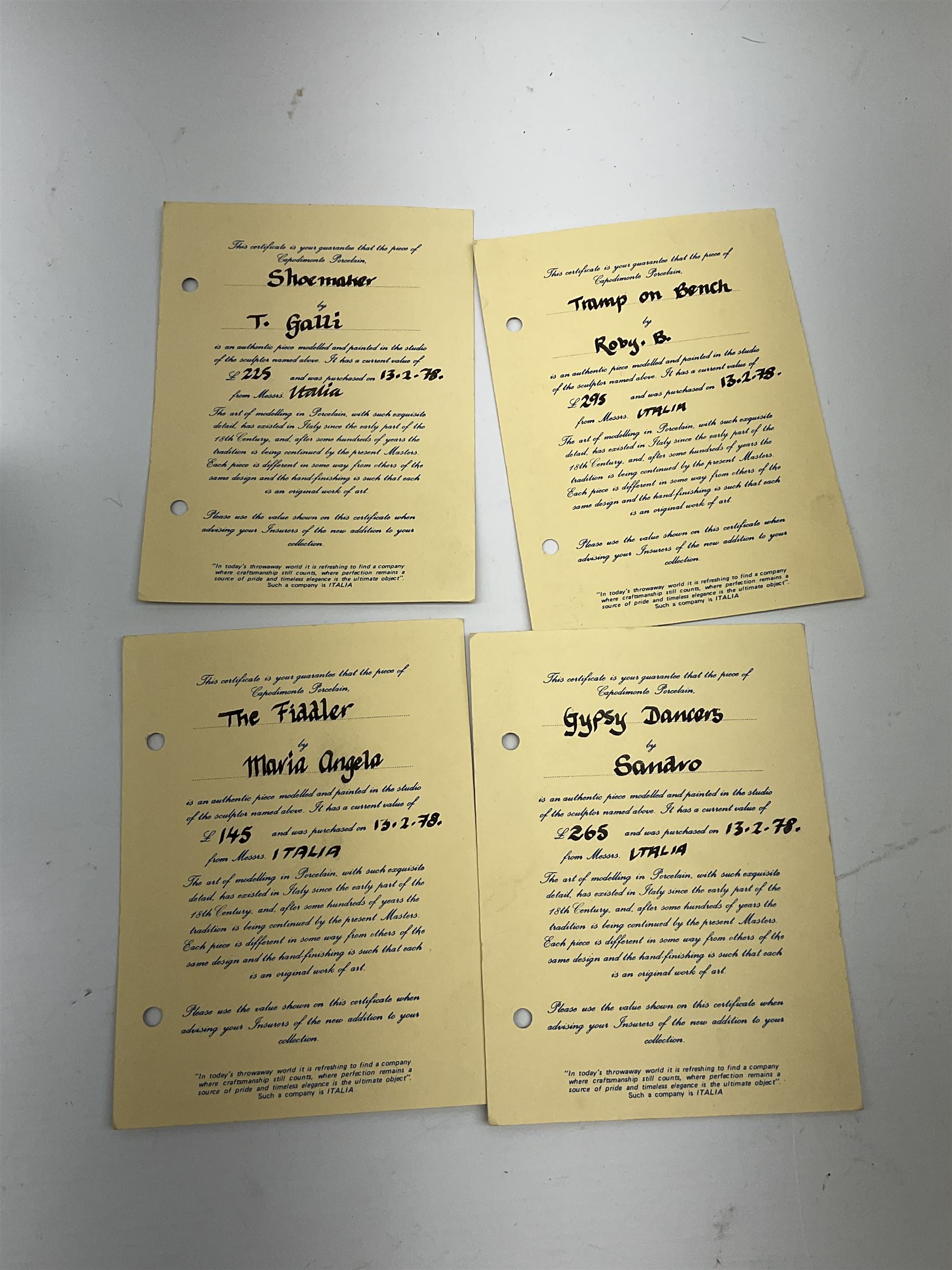 Four Capodimonte figures, comprising Shoemaker by T Galli, Tramp on Bench by Roby B, The Fiddler by Maria Angela, and Gypsy Dancers by Sandro, each with accompanying certificate, plus a Beswick matt glazed horse, and small Beswick pheasant. 