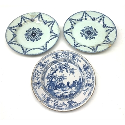 Pair of 18th Century English Delft blue and white plates decorated with a central floral roundel enclosed in floral swags, D23cm and an 18th century Delft plate decorated with cockerels in a landscape (3)