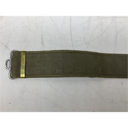 British Army Officers Sam Browne leather belt with shoulder strap; and webbing belt with Potter London Staybrite buckle for 19th Regiment of Foot (Green Howards) with various markings (2)