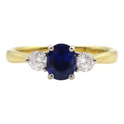 18ct gold three stone oval sapphire and round brilliant cut diamond ring, stamped 18KT, total diamond weight approx 0.30 carat, sapphire approx 0.80 carat