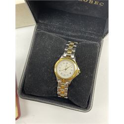 Two Klaus Kobec Entourage gentleman's and ladies, bicolour stainless steel quartz bracelet wristwatches, round white dials with Roman numerals and date apertures, both boxed, silver charm bracelet, silver jewellery and other costume jewellery