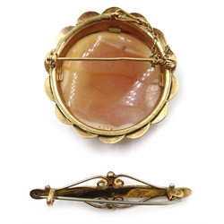 9ct gold cameo brooch and 9ct gold chain necklace both hallmarked and a garnet bar brooch stamped 9ct