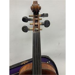 German trade violin c1900 the 36cm two-piece maple back impressed 'Stainer', maple ribs and spruce top, bears label 'Jacobis Stainer in Absam prope Oenipontum 17**' L59cm; in carrying case marked 'The Improved Dome' with bow