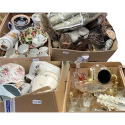 Quantity of ceramics, glassware and various homewares, to include Royal Doulton, Beswick,
 velvet scroll lined curtains, quantity of guernsey candles, teddy bears, vases, etc in four boxes
