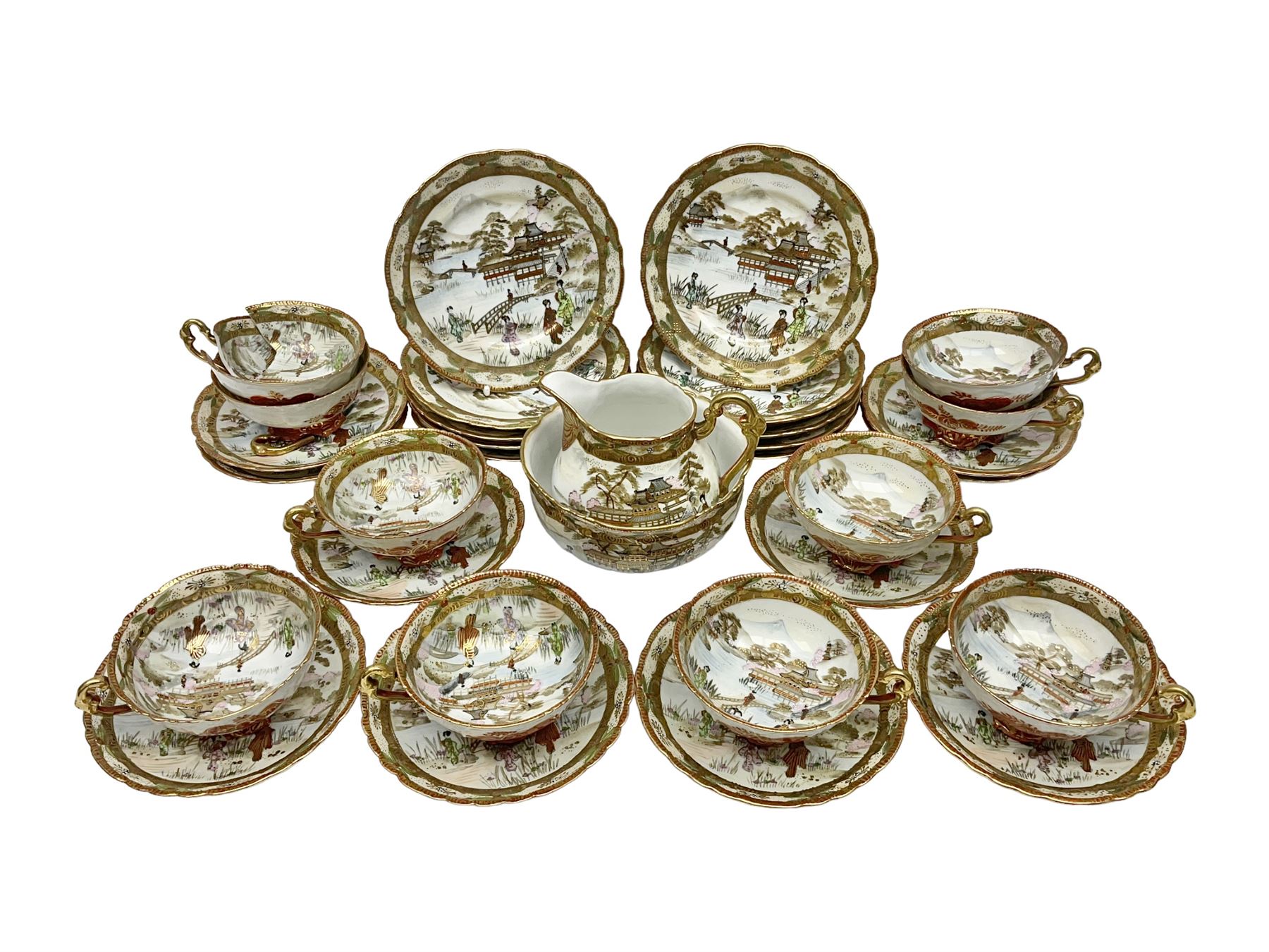 Noritake part tea service, printed and painted with figures in a landscape, comprising ten  tea cups and saucers, ten dessert plates, milk jug and sugar bowl
