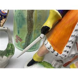 Stayhot teapot and coffee pot, with silver plate clad ceramic bodies, together with another similar coffee pot, jug and sucrier, Staffordshire style flatback figures comprising pair of zebras and cavalier type figure, Melba Ware woodland jug etc