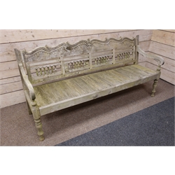 Large hardwood garden bench, baluster turned openwork back with shaped scroll carved top rail, planked seat on turned supports, W195cm, D61cm, H94cm  