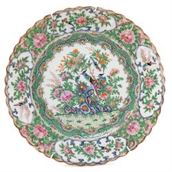 Pair of Canton Famille Rose Medallion plates decorated with exotic birds and plants, with fluted rim, D25cm