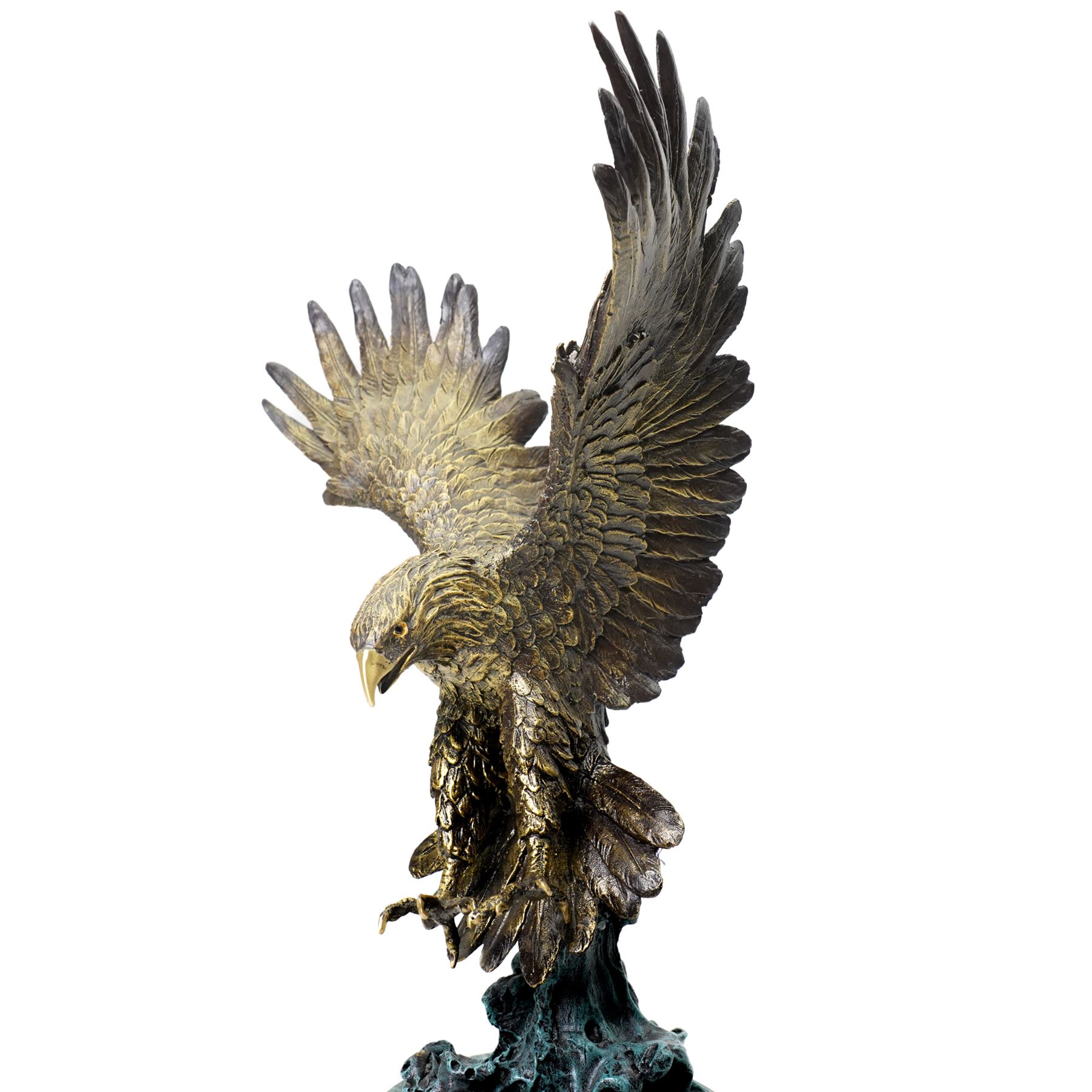 After Jules Moigniez - bronze figure of an eagle poised to attack, upon green marble base, overall H50cm