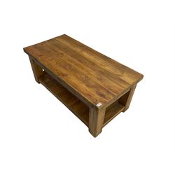 Reclaimed pine rectangular coffee table, plank top over under-tier