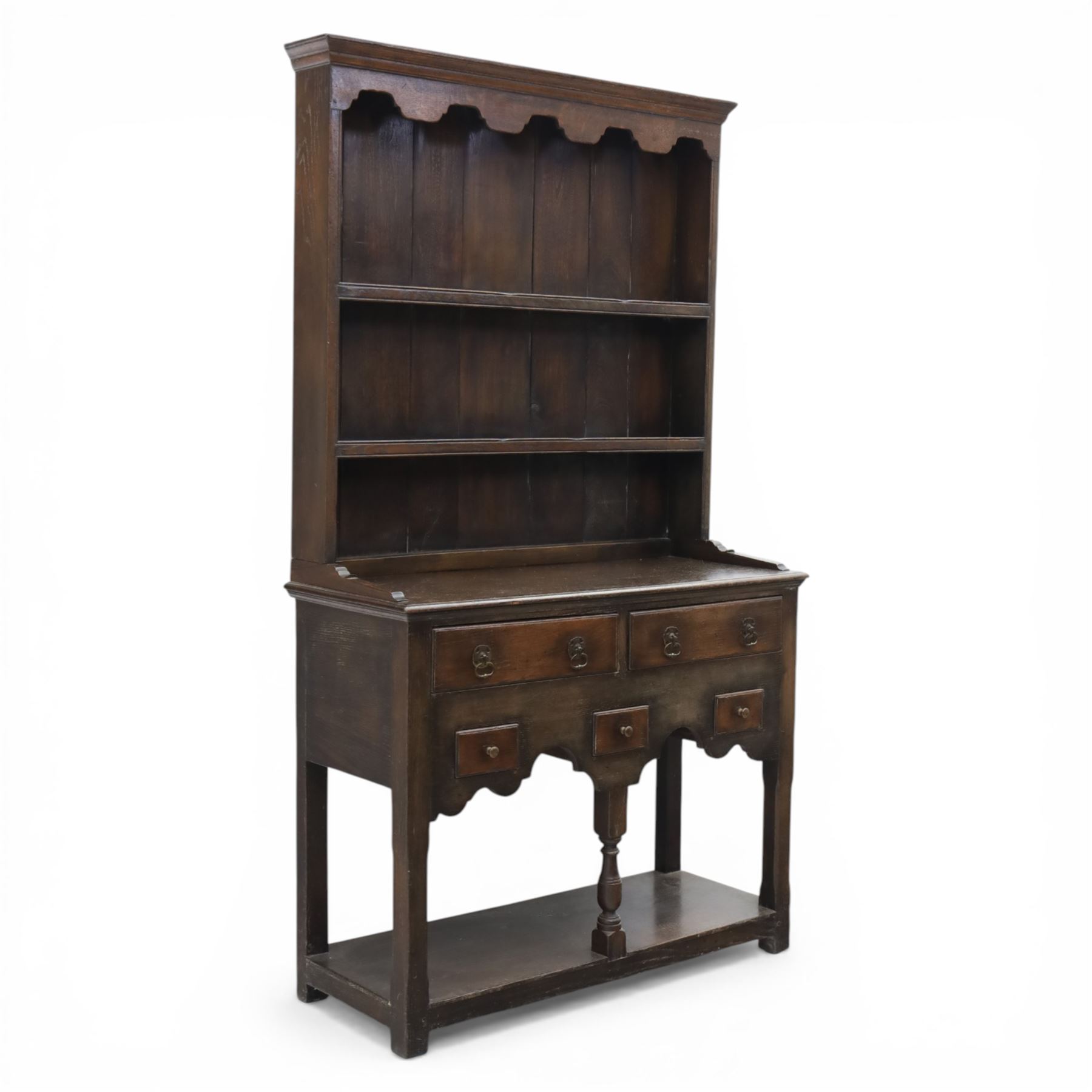 Titchmarsh & Goodwin - Georgian design compact dresser and plate rack, with moulded cornice, above two grooved shelves, above a dresser base with  two short over three small drawers, raised on stile feet united by an undertier