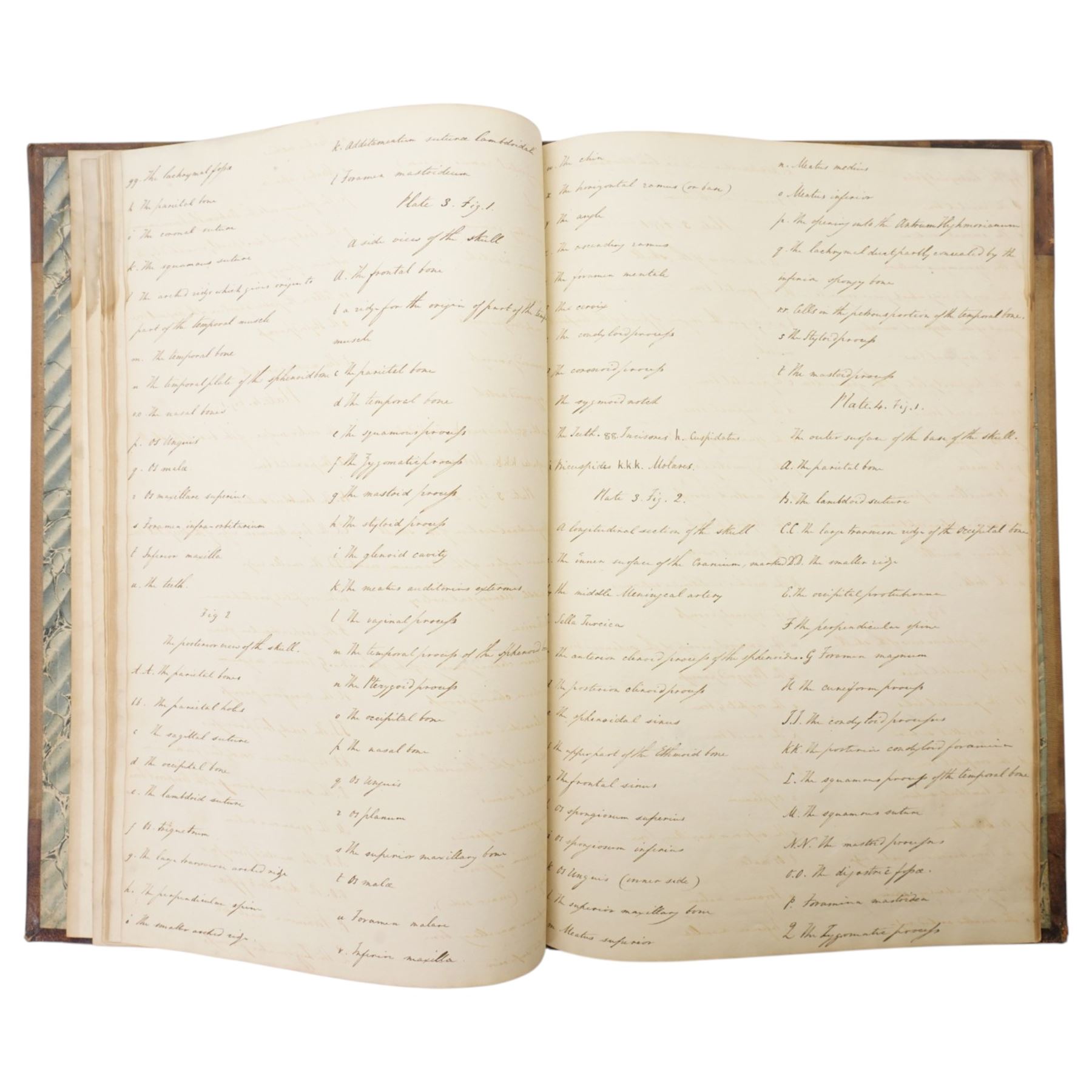 Thomas Hartley Cromek ANWS (British 1809-1873): The Human Skeleton Illustrated & Described 1827/1828, folio manuscript anatomical study album containing twelve pencil anatomical plates after nature with extensive handwritten descriptive text, original half-calf binding titled in gilt with marbled boards, with autograph inscription by Cromek dated Wakefield June 3rd 1859, and associated 1909 letter from J J Foster relating to the album’s provenance

Notes: 
Cromek is best known for his architectural and topographical watercolours, but his early anatomical work is documented. In 1827 he was commissioned by the Leeds surgeon Thomas Teale to produce detailed anatomical drawings, shortly before leaving for Italy in 1830.

The present album relates to this little-known early period. The binding is titled in gilt The Human Skeleton Illustrated & Described by T. H. Cromek, 1827, while Cromek’s autograph inscription, dated Wakefield June 3rd 1859, states that the drawings were made from nature in 1828 and submitted to Sir Astley Cooper, who praised them highly and wished Cromek to work for him as an anatomical draughtsman.

The album is accompanied by a letter dated 26th October 1909 from J. J. Foster, King William’s Hall, Durham, stating that he had in his possession a set of pencil drawings of the human skeleton and separate bones by T. H. Cromek, formerly in the possession of his late brother, James Foster, who had been in practice at Wakefield. The letter repeats the tradition that Sir Astley Cooper had described the drawings as the finest he had seen.

Sir Astley Cooper was one of the leading British surgeons of the early nineteenth century, associated with Guy’s Hospital and the Royal College of Surgeons.