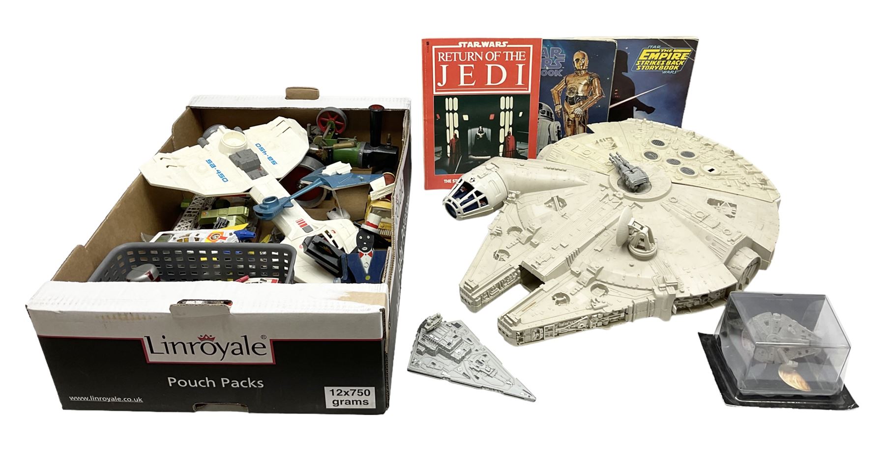 Star wars - Kenner Millenium Falcon spaceship with De Agostini boxed smaller model; X-Wing Fighter; and three story books on the original trilogy of films; together with other TV/Film related spacecraft; Mamod steam roller; assorted unboxed and playworn die-cast models etc