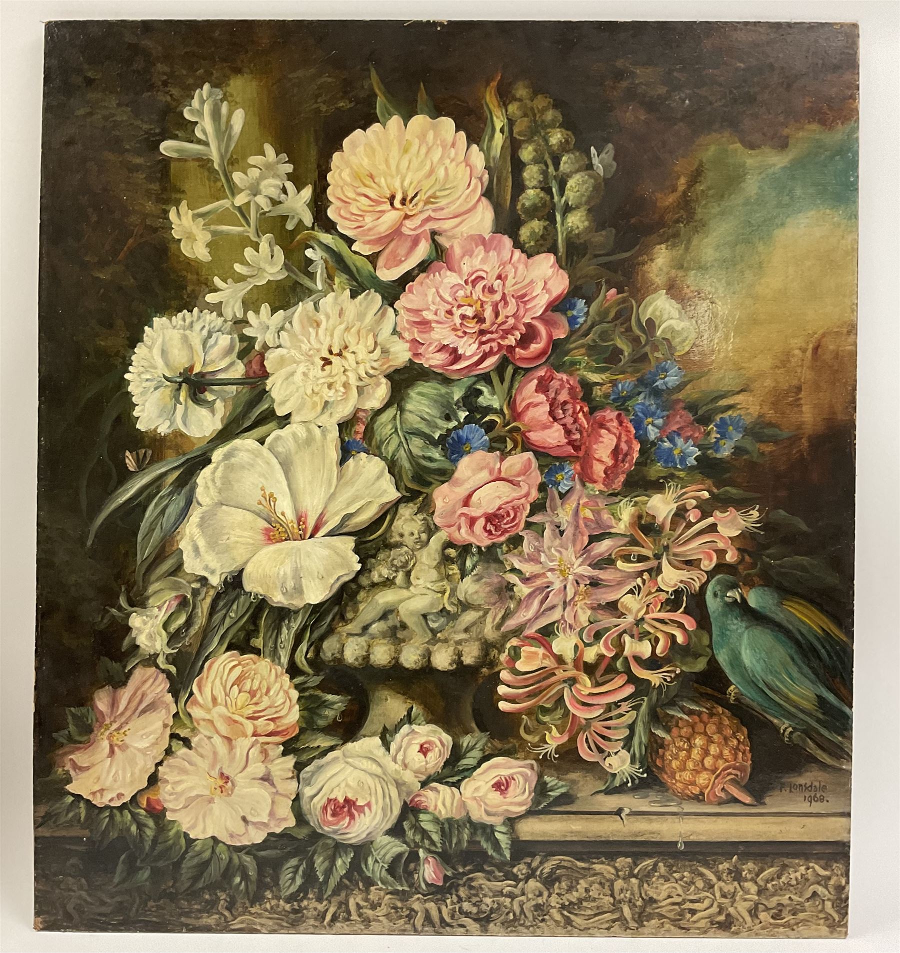 Frank Lonsdale (Scarborough 20th Century): Floral Still Lifes, pair oils on canvas board signed and dated 1970 and 1968, 72cm x 63cm (unframed) (2)
