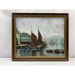 John Trickett (British 1952-): 'Angel Vaults Whitby Harbour,' oil on canvas signed, titled verso 48cm x 59cm