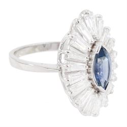 14ct white gold sapphire and diamond cluster ring, single unheated marquise cut teal sapphire of approx 0.93 carat, with tapered cut diamond surround, total diamond weight approx 2.20 carat, with Alan Poultney Gems report