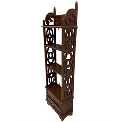 Georgian style mahogany open bookcase, fretwork sides, two small drawers 
