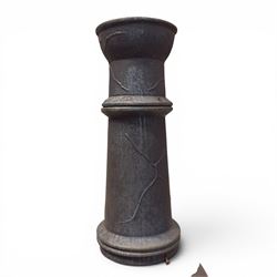 Cast iron garden chiminea, with mesh front spark guard, flue chimney on three splayed legs, finished in black.