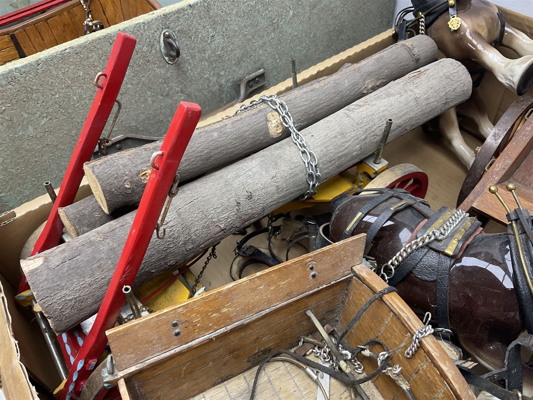 Melba Ware Shire horse figure and two similar, and four wood carts