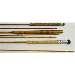  J B Walker 9ft 6in two piece split cane rod, an 8ft split cane two piece trout rod and a Milwards three piece bamboo rod (3)  