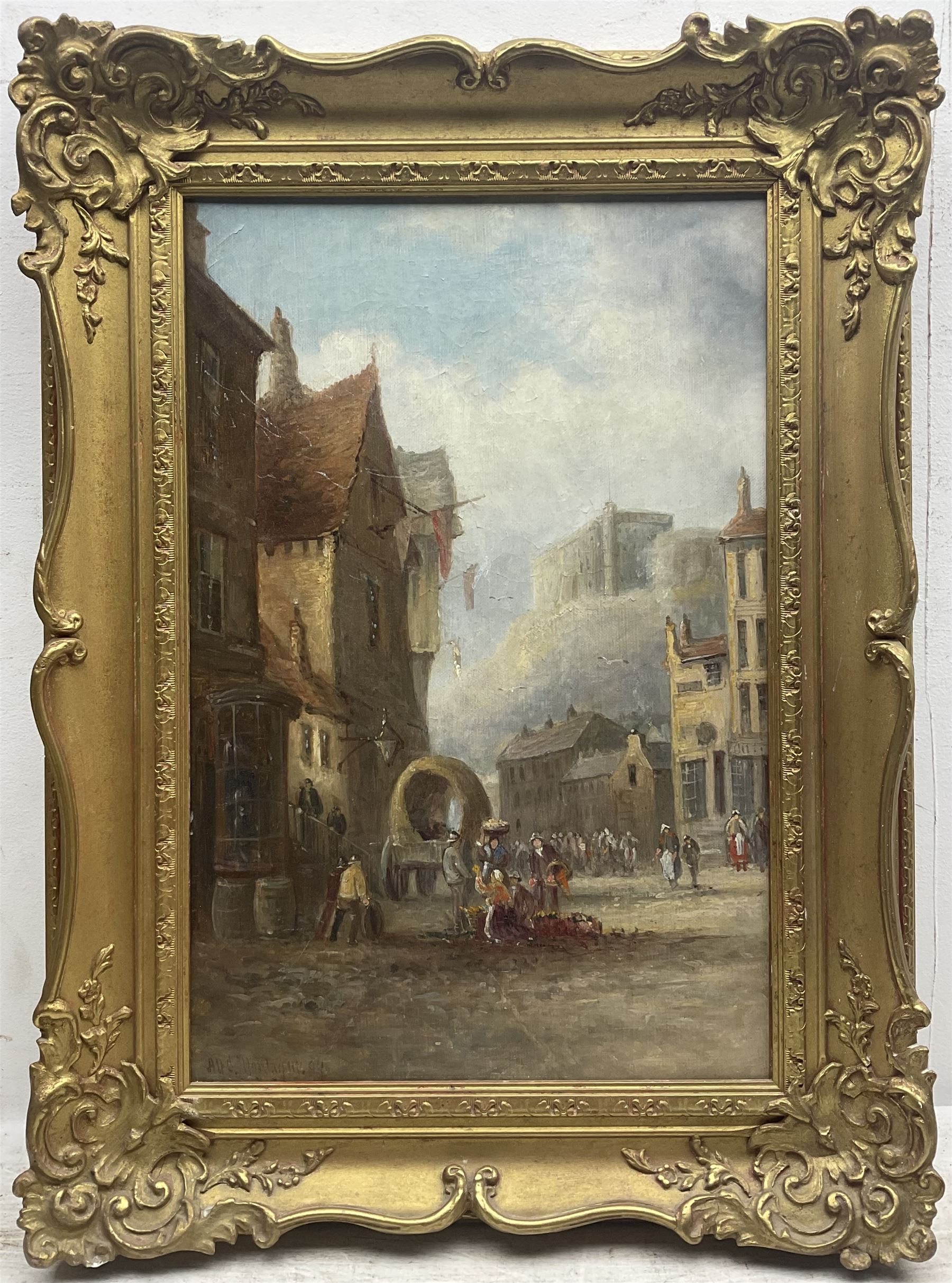 Alfred Montague (British 1832-1883): Continental Street Scene with Flower Sellers, oil on canvas signed and indistinctly dated 44cm x 29cm