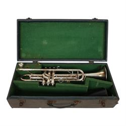 Early/mid 20th century silver plated trumpet by Keith Prowse & Co Ltd London, with Rudy Muck Cushion rim mouth piece, contained within a fitted case