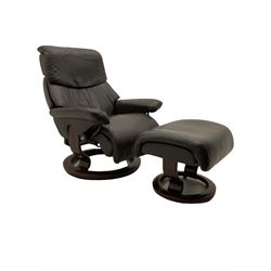 Ekornes Stressless - swivel reclining armchair with adjustable headrest, upholstered in cocoa brown leather, with matching footstool