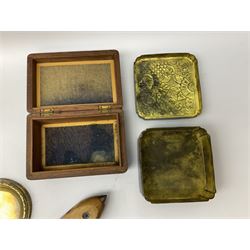 Olive wood lidded urn/vase, brass inkwell, Art Deco style perpetual desk calendar, leather bound Chesterman tape measure, brass roasting spit, Punch Magazines etc