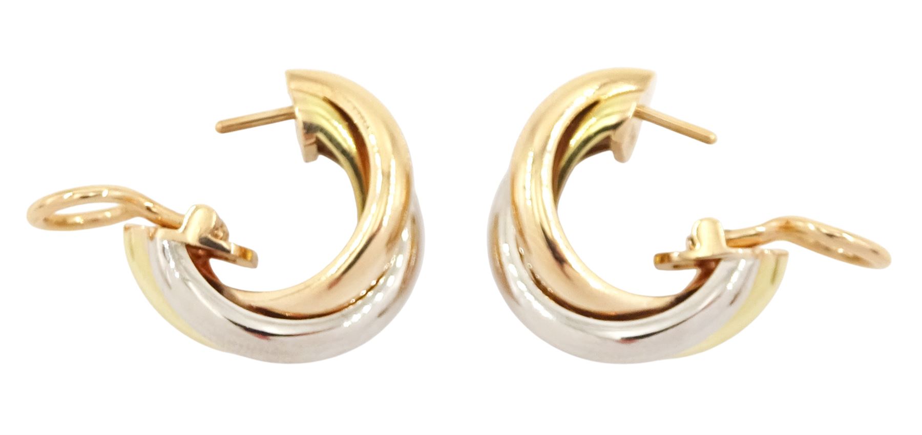 Cartier Trinity gold hoop earrings, each stud with 18ct rose, white and yellow gold intertwined rings, boxed with certificate 