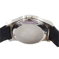 Omega Geneve gentleman's stainless steel automatic wristwatch, Ref. 166 0169, Cal. 1022, serial No. 35569195, silvered dial with baton hour markers and day-date aperture, on black leather strap with original Omega buckle, boxed with guarantee dated 1977