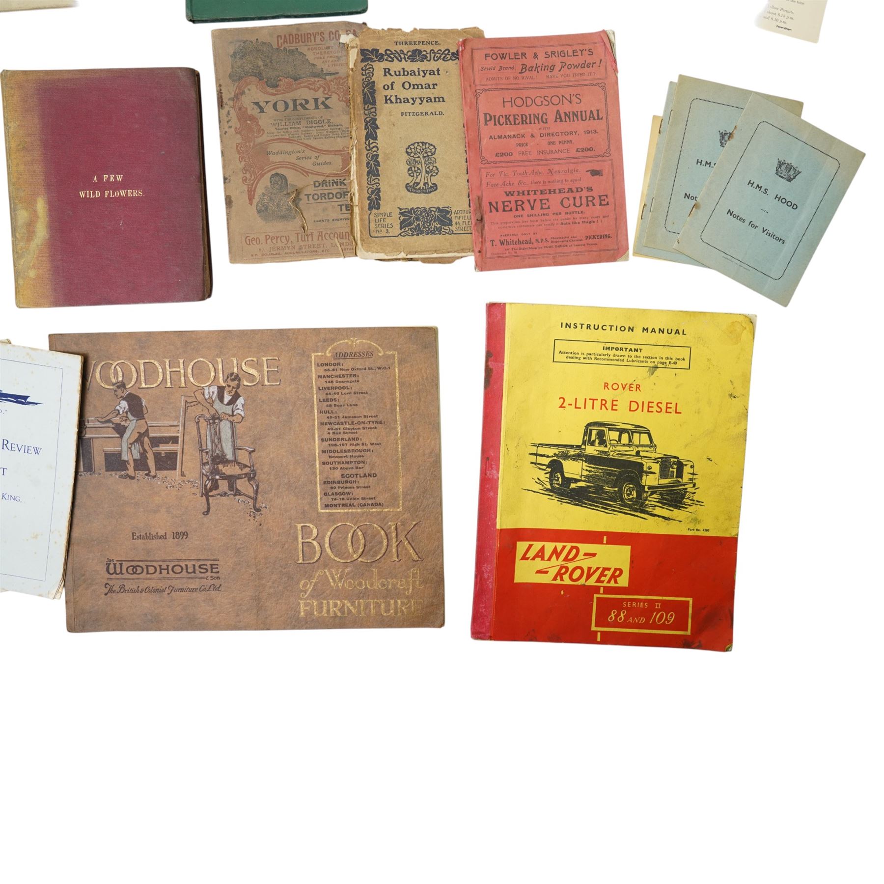 1958 Instruction Manual for Land Rover Series II 88 and 109, Victorian volume 'A Few Wild Flowers' with pressed leaves and descriptions, Hodgson's Pickering Annual 1913, 'Some People of our Town' by Spectator 1943, pub. Malton Gazette, early catalogue for Woodhouse Furniture etc
