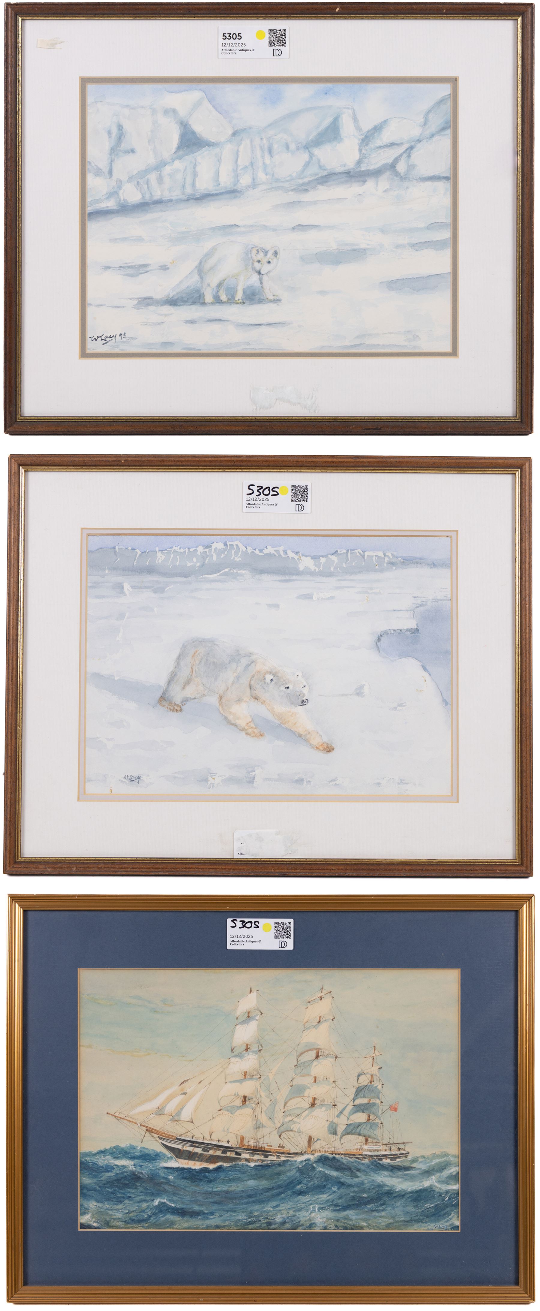 Major William Lacy (British 20th Century): Fully Rigged Ship at Sea 'On Hunger Patrol' and 'Arctic Fox', three watercolours signed max 25cm x 36cm (3)
Notes: Lacy was a private explorer from Hawsker near Whitby, and until 5 years ago, held the record for the oldest man to visit both the North (aged 81) and South (aged 84) poles.